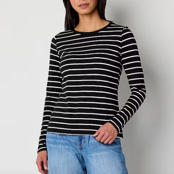 a.n.a Womens Crew Neck Long Sleeve T-Shirt , Stripe Black Sz M NWT - Picture 3 of 3